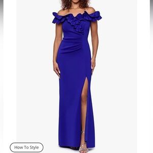 Xscape Stretch Ruffle Off-the-Shoulder Ruched Back Gown